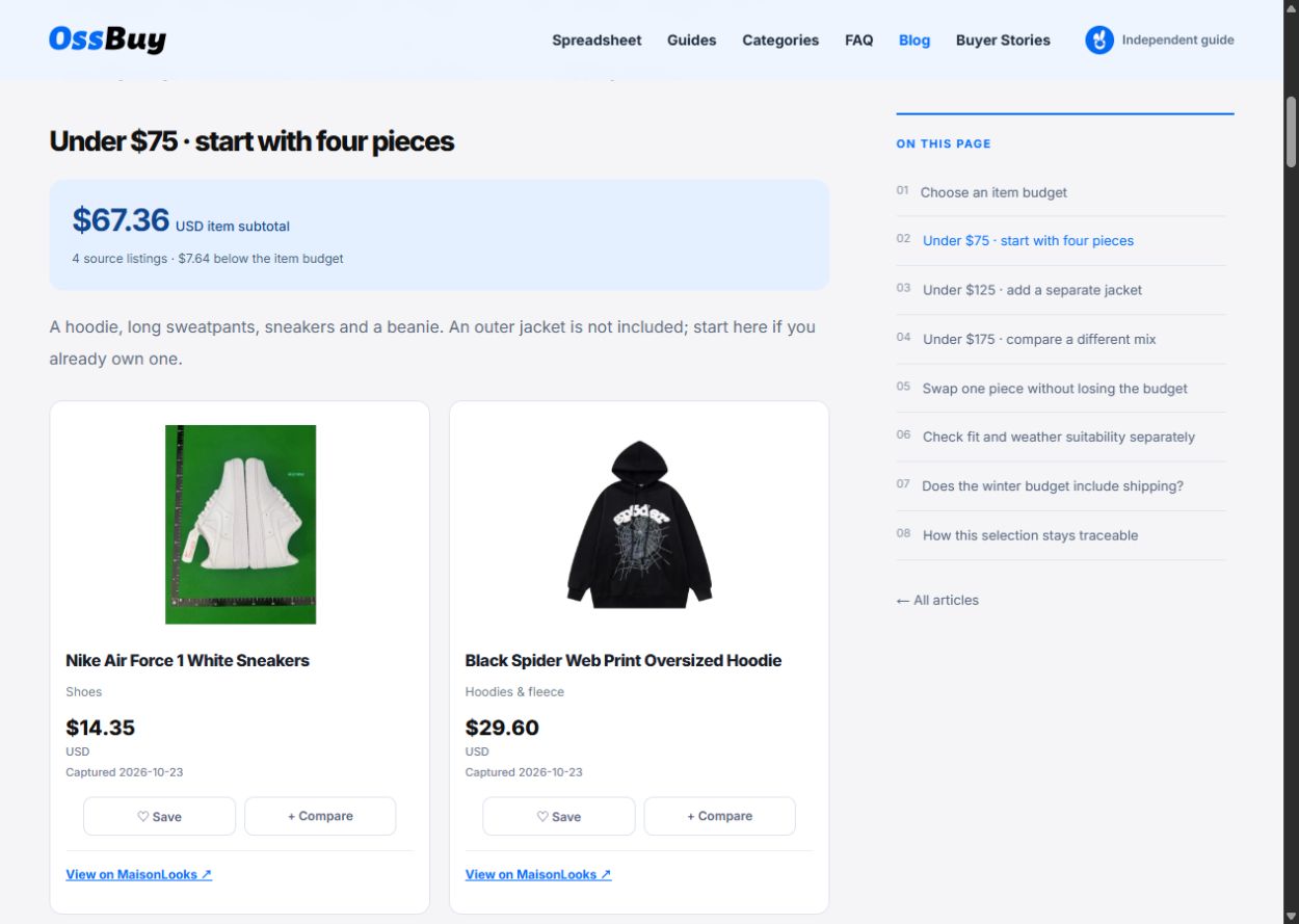 Artykuł o budżecie zimowym z sumą cen produktów 67,36 USD i kartami sneakersów i bluzy z rzeczywistymi zdjęciami źródłowymi